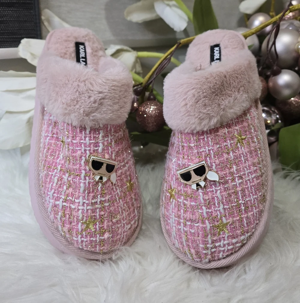 Karl Lagerfeld Hessa Tweed Pink Faux Fur Trim Platform Women's Slides New